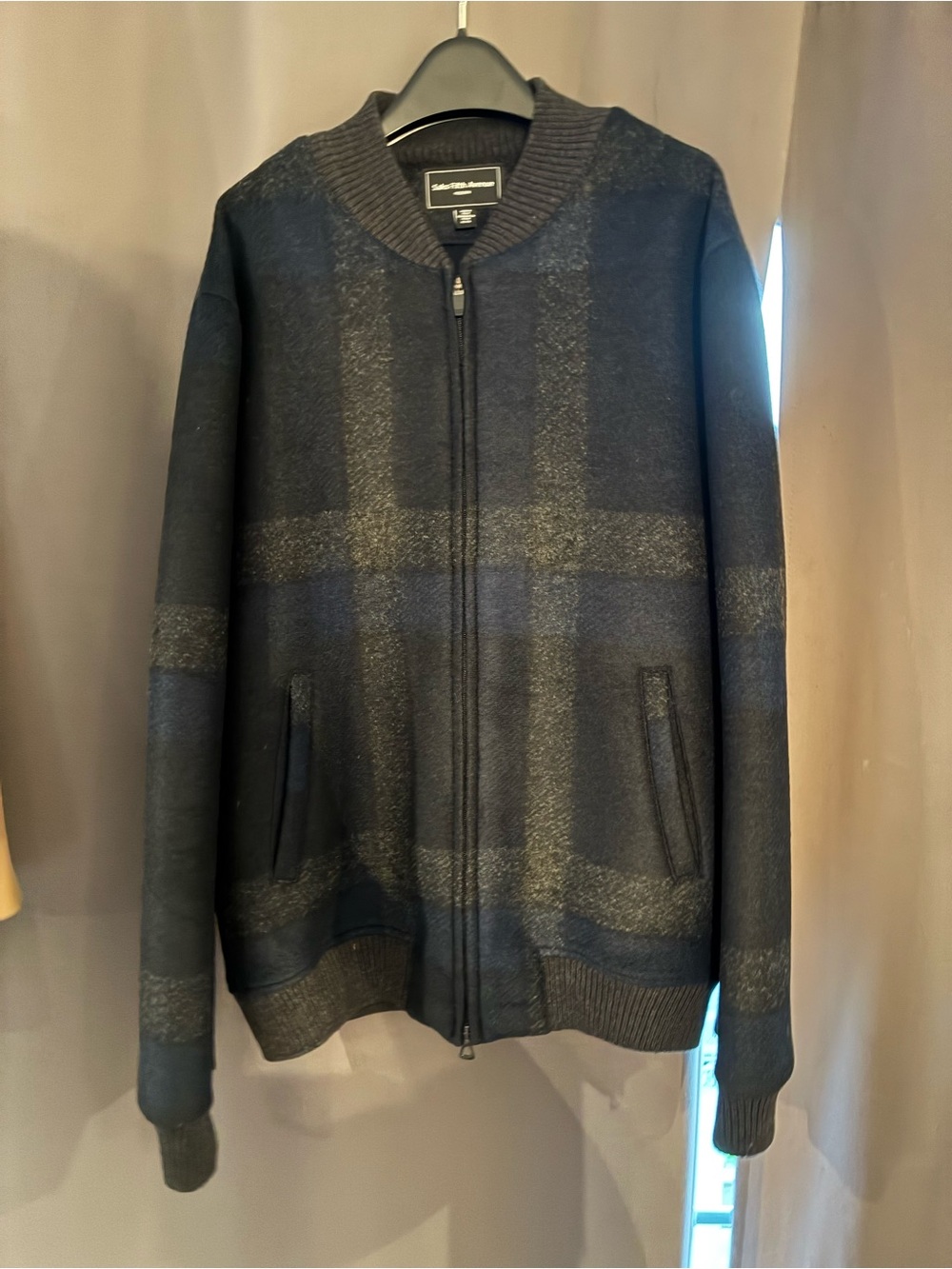 Saks Fifth Avenue Men's Navy and Gray Plaid Zip-Up Wool Jacket